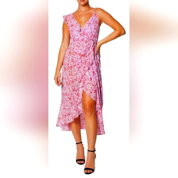 Laundry by Shelli Segal Asymmetric Floral Ruffle Midi-Dress NWT size 8 Pink - Picture 1 of 3